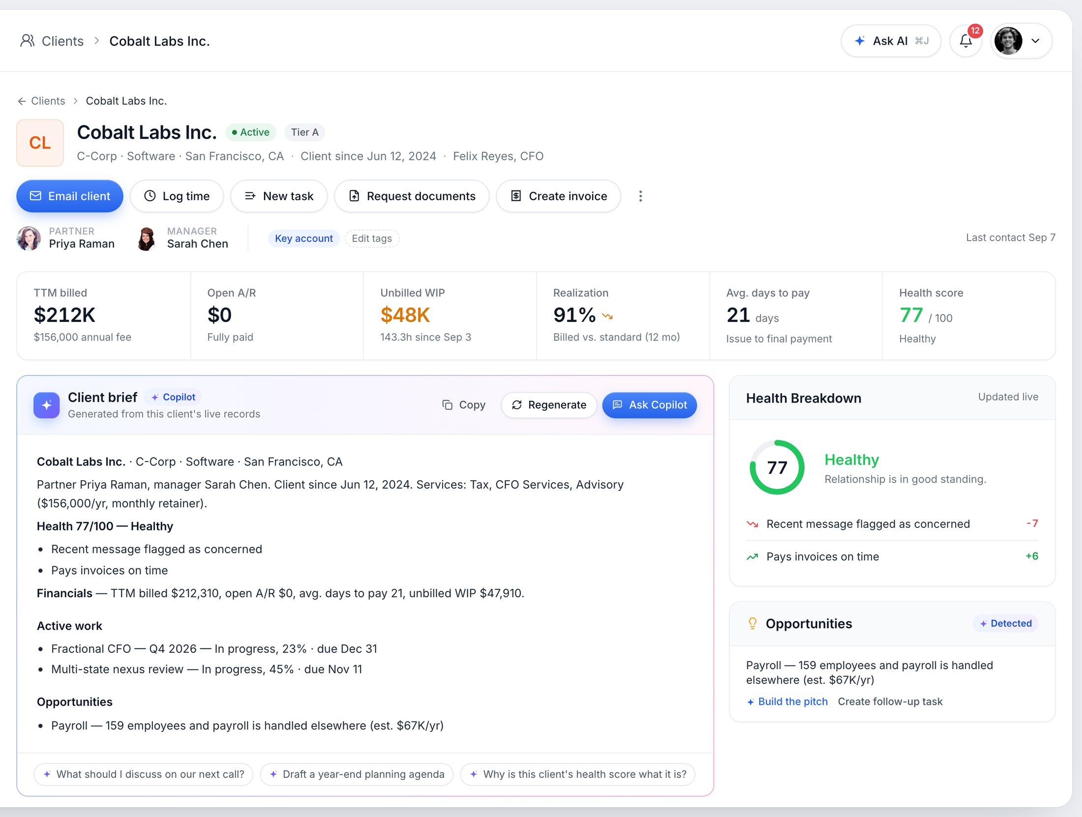 Client profile for Cobalt Labs: billed, open A/R, unbilled WIP, realization and a health score of 77, with a Copilot client brief, health breakdown and a detected payroll opportunity
