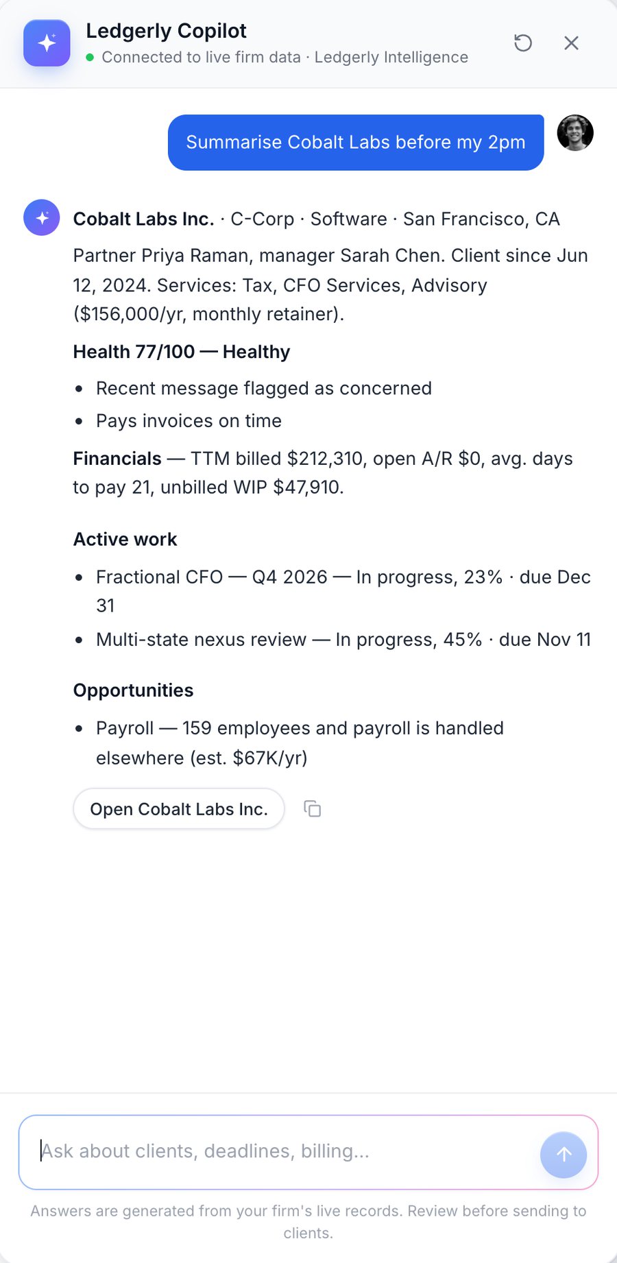 Copilot client summary: health score and its causes, financials, active work and a cross-sell opportunity