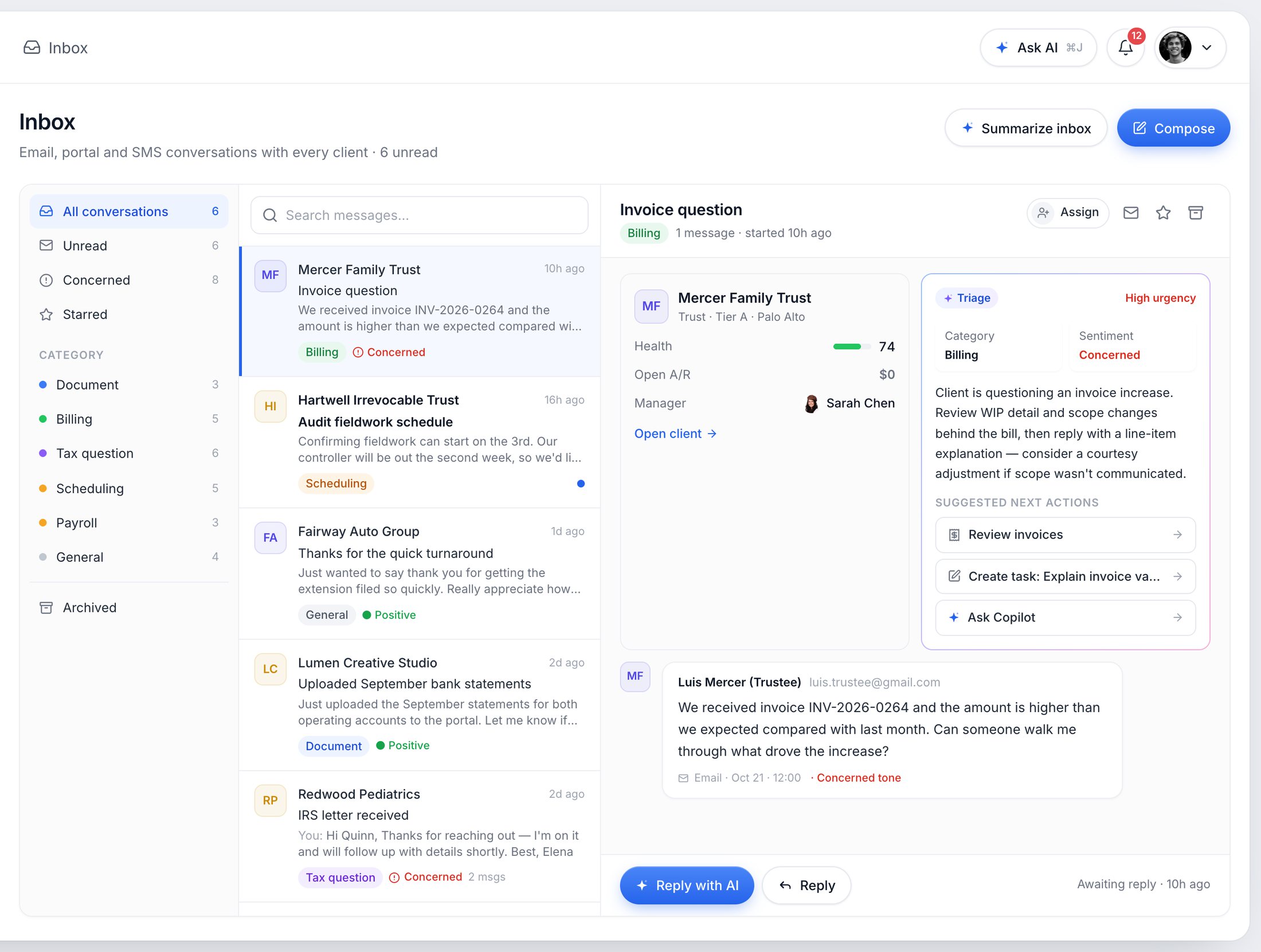 Client inbox with conversations sorted by category, an invoice question triaged as billing with high urgency and concerned sentiment, and suggested next actions