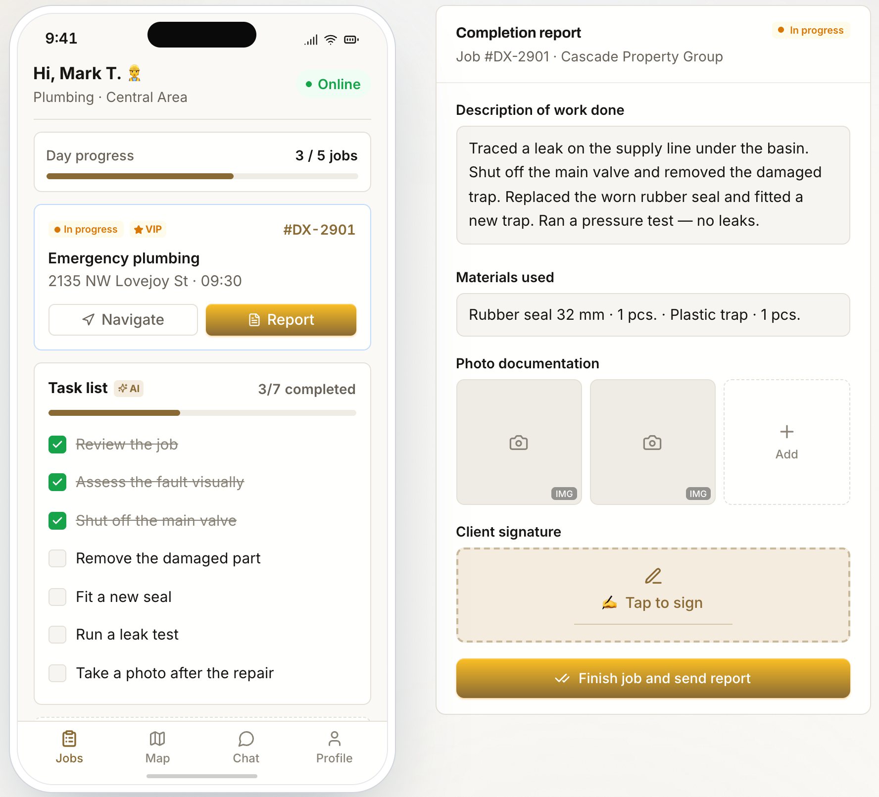 On-site completion report with AI task checklist, materials used, photo documentation and client signature