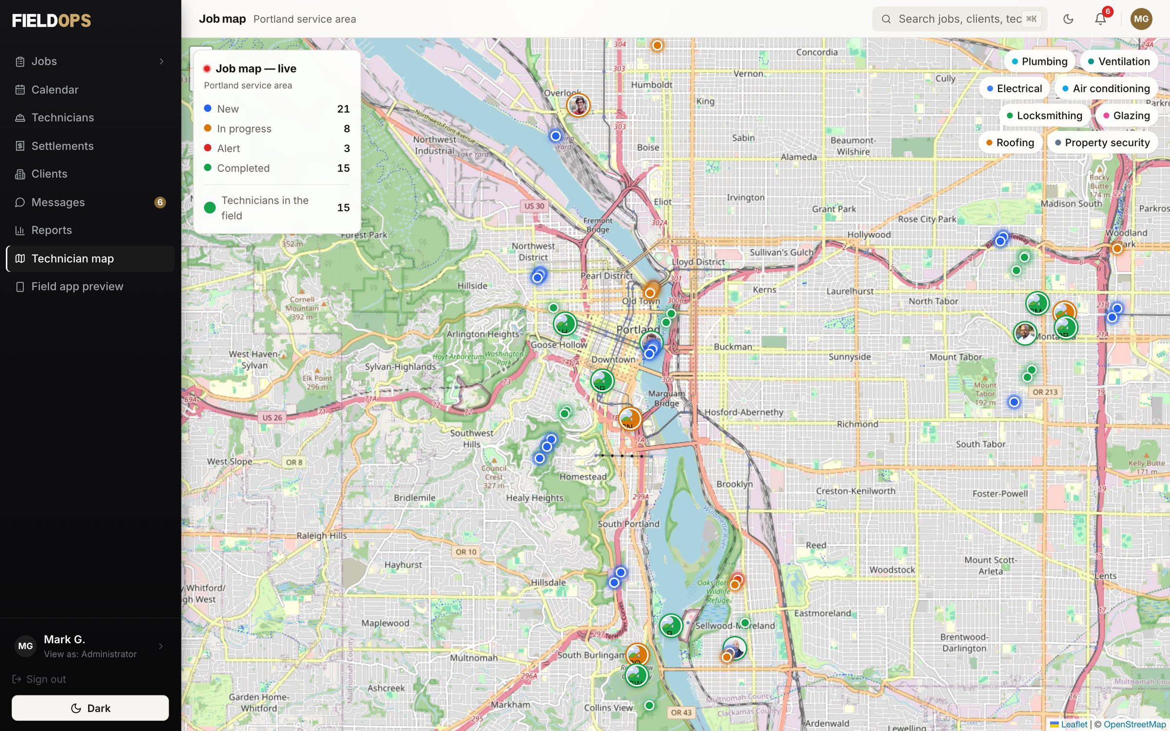 Live job map of the Portland service area with technicians and jobs color-coded by status