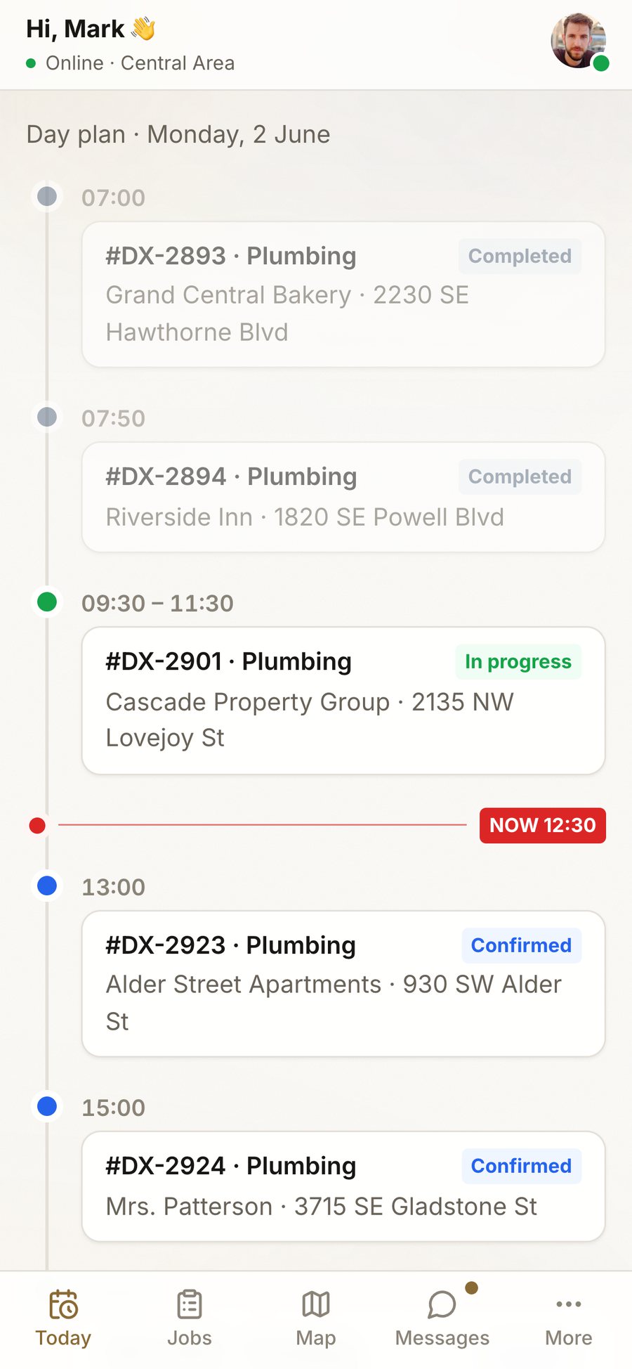 Technician mobile app day plan with completed, in-progress and confirmed jobs