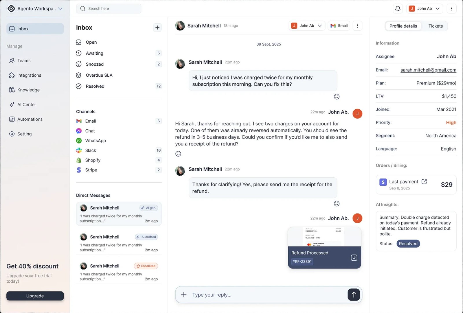 Agento support inbox with AI-drafted replies and customer details