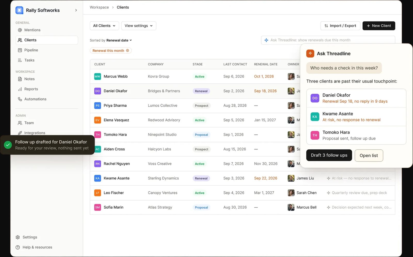 Rally Softworks client list with the Ask Threadline AI assistant